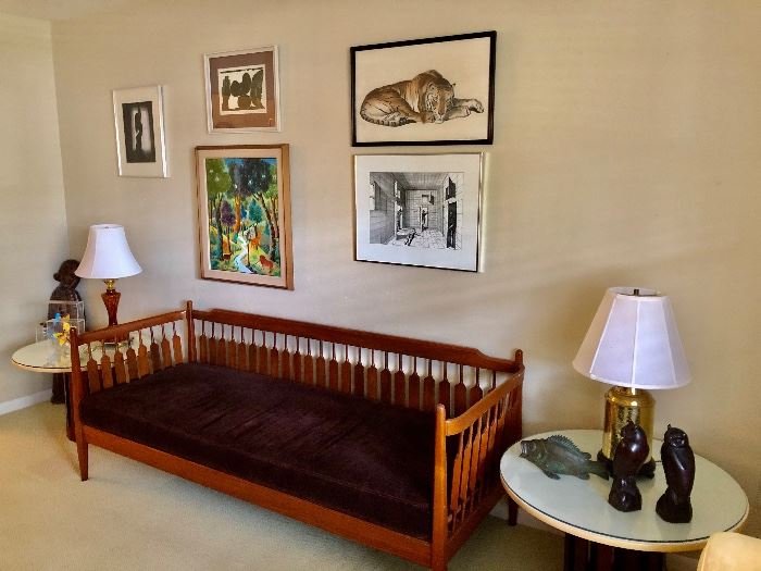 Great Mid century sofa and end tables
Paintings are Listed artists 