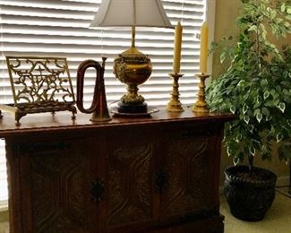 Spanish Colonial credenza 
by John Widdicomb
brass lamp