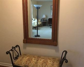 Unique and heavy lyre bench. Very large foyer mirror