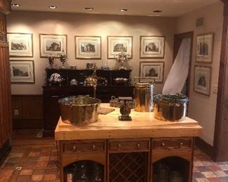 Some great architectural prints and brass and copper pots