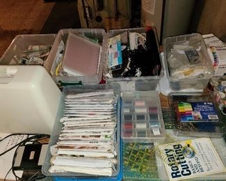 Lot #359 - MASSIVE Table of Sewing Notions, Patterns, Fabric, Supplies, & Sewing Machine - $125