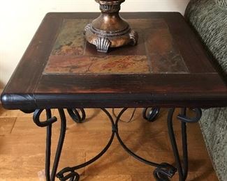 Pair of Slate Inlay End Tables
and Matching Cocktail Table 