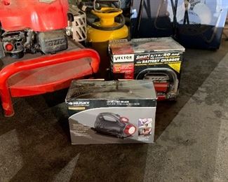 Battery chargers, compressors, cords, fans,  gas cans & ammo