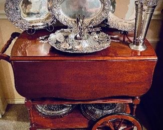 PLENTY OF STERLING, AND A PRECIOUS CHERRY SERVING CART WITH TWO FOLD OUTS 