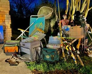 SO MUCH FISHING...UGLY STICK, ABU GARCIA, TONS OF TACKLE, TACKLE BOXES, REELS, RODS, NETS, FINDERS,  AND A COOLER OR 9 TO KEEP THE FUN ON ICE!