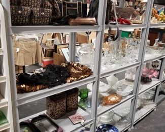 Assorted glassware, purses household etc