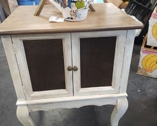 Custom painted cream & medium brown 2 door cabinet table 19"W  x 15.5" x 24"H
