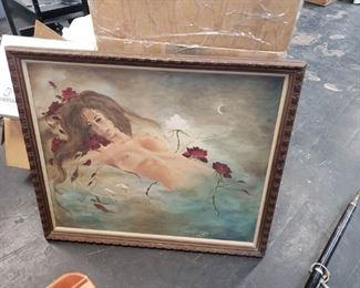 Framed oil nude mermaid
