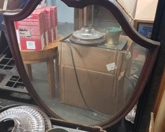 Vintage Gothic style wood framed shield shaped mirror 26"W x 32"H