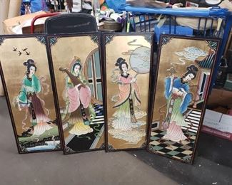 (4) Assorted hand painted Geisha seasons themed panels 14"W x 36"H each panel