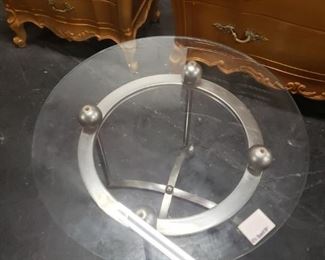 Brushed steel base glass top end table 24.5" diameter x 22.25"H