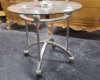 Brushed steel base glass top end table 24.5" diameter x 22.25"H
