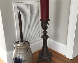 Ethan Allen butter churn by Rowe Stoneware. and decorative floor candle.
Churn 125.00
floor candle 20.00