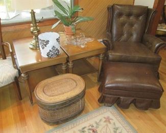 Brown leather chair & ottoman $95. Side Tables $35/each
