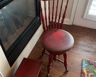 Antique Red Piano Chair ===> $125                                    
VTG red foot stool ===> $70 