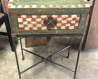 Painted Storage Box Table on Iron Stand $50