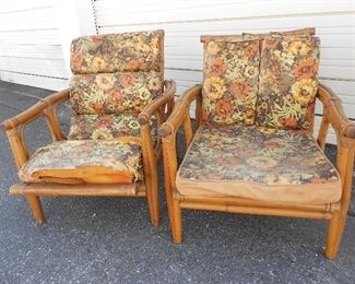 Vintage Pair Bamboo Mid Century  Rattan Arm Chairs  (orig Fabric) very stable    $575