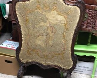 Antique carved frame needle point fire screen  $95