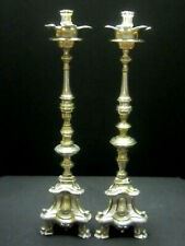 PAIR OF ANTIQUE 19TH C. FRENCH GOTHIC SILVER PLATE ;  TALL ALTAR CANDLE HOLDERS     $100