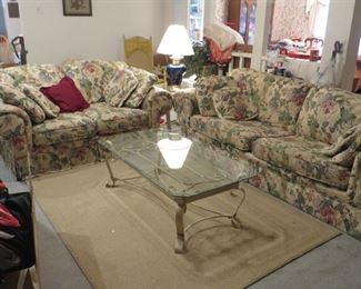 Rooms 2 Go sofa, loveseat, glass coffee table & 2 end tables