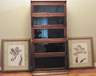 5 pieces lawyer's bookcase; two Bombay floral prints