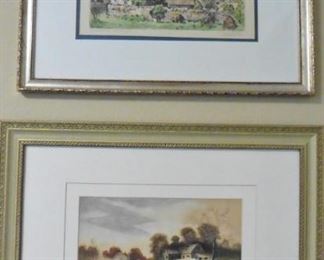 Top: framed colored etching by Charles Nollet and a framed print