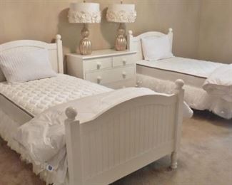 Pottery Barn for Kids twin beds with mattress in like new condition. Catalina pattern currently on sale for $845 each. Buy them here for only $450 each. A really great buy. Matching dresser; lamps-Dresser&lamps-sold