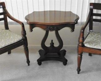 Sturdy custom made chairs; vintage lyre table