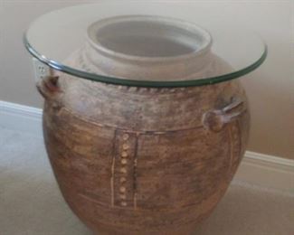 Round Glass Top Side Table with Pottery Base          $85