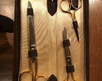 Clauss 3 pc scissor set with gold plate handles in leather case                                           $40 