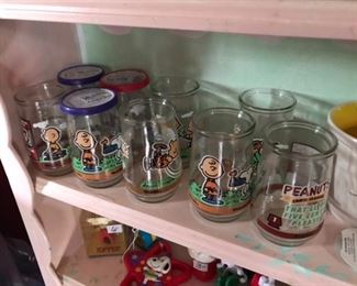 Jelly jar glasses with Charlie Brown and Peanuts.