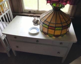 Low boy wash stand and Tiffany style lamp.