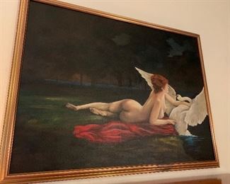 Fabulous oil on canvas. Nude with swan.