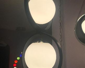 large French mod hanging lamp. two white globes black frame, swag lamp with wall plug
