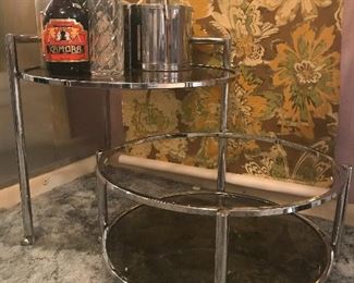 mid century chrome and smokey glass swing out cocktail cart , bottles and ice bucket are not included