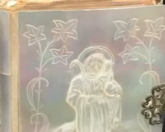 antique Key of Heaven Catholic Prayer book. Mother of pearl case, brass hasp, gilt pages.