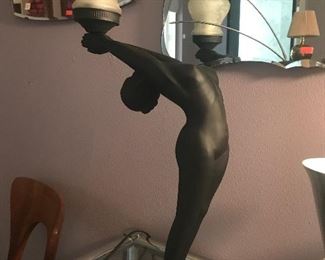 large 25 " nude deco style lamp, black resin and glass globe