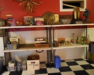 M & M With Juke Box, Darts  Board, Ashtray, Books, Music Disc, Overview Collectibles, Chess Sets (3), including Asian Chess Set, Reels, Dart Bd., Records,  Musical Music Box Disc, Metal Art, Movie Reels, 1922 Scrape Book