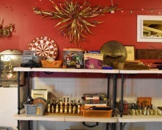Chess Sets (3), including Asian Chess Set, Reels, Dart Bd., Records, M M Item, Musical Music Box Disc, Metal Art, Movie Reels 