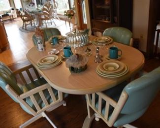 Dining Room Table and Chairs by Chrome Master, Dishes, Cake Stand, Candle Holders, Mugs