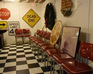 Red Tuffed Retro Tuffed Chairs, Road Signs, Wood Art or Floor Piece and Framed Art, Wreath, Metal Art  Boat