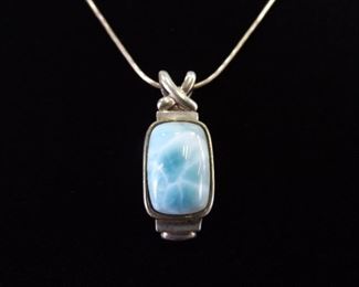 .925 Sterling Silver Larimar Cabochon Pendant Necklace
