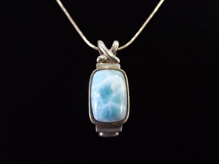 .925 Sterling Silver Larimar Cabochon Pendant Necklace