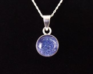 .925 Sterling Silver Blue Dichroic Cabochon Pendant Necklace
