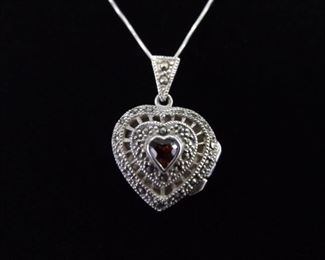 .925 Sterling Silver Art Nouveau Garnet Heart Locket Pendant Necklace
