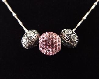 .925 Sterling Silver Pink Crystal Charm Necklace
