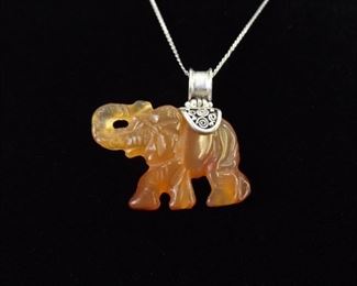 .925 Sterling Silver Amber Jade Elephant Pendant Necklace
