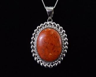 .925 Sterling Silver Red Jasper Cabochon Pendant Necklace
