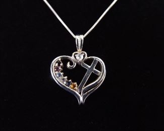 .925 Sterling Silver Multi Color Crystal Heart of the Cross Pendant Necklace
