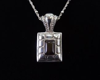 .925 Sterling Silver Dark Amber Cabochon Pendant Necklace
